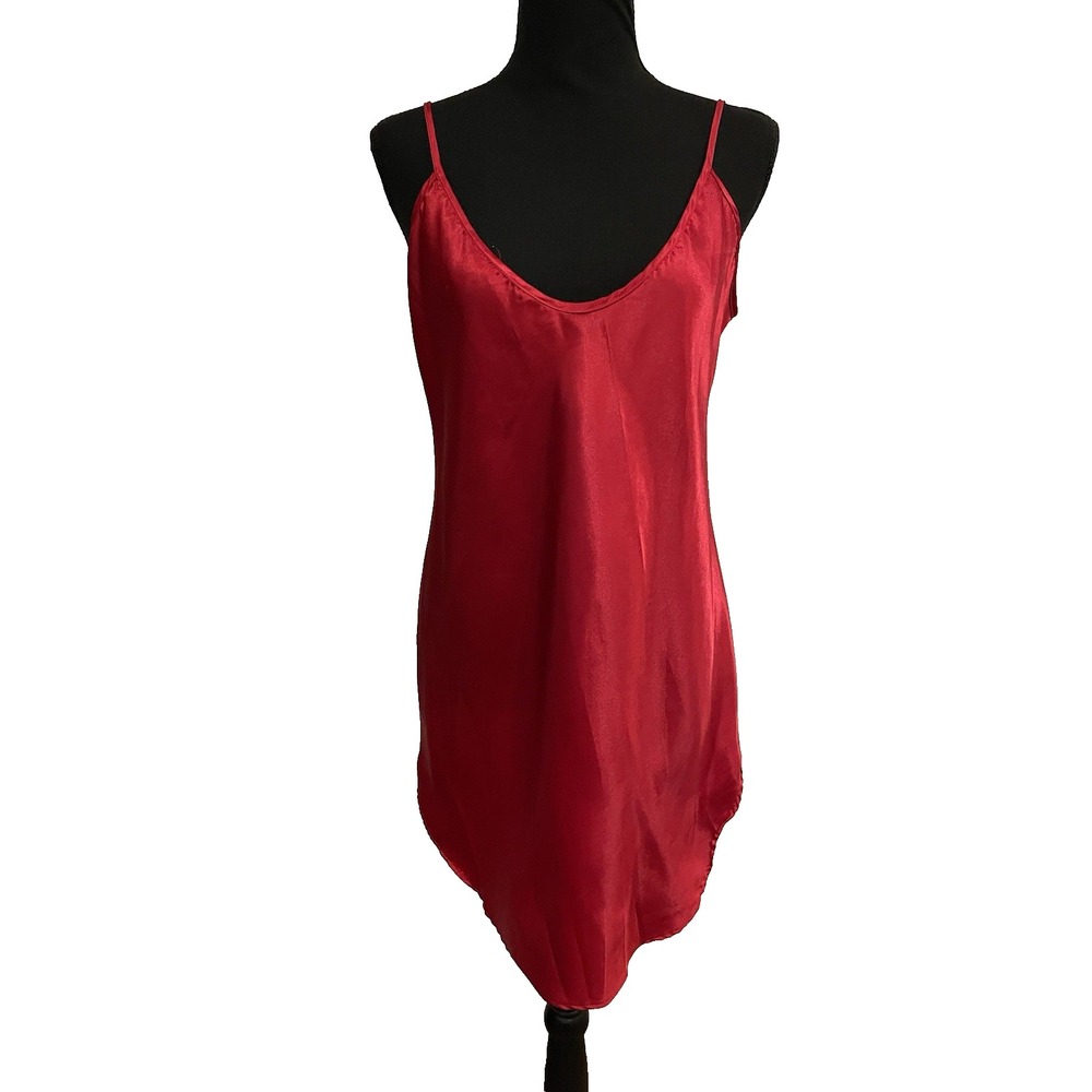 Vtg‎ 90s Valentines Red Satin Chemise Nightgown Sz Medium Low Back Slip Dress